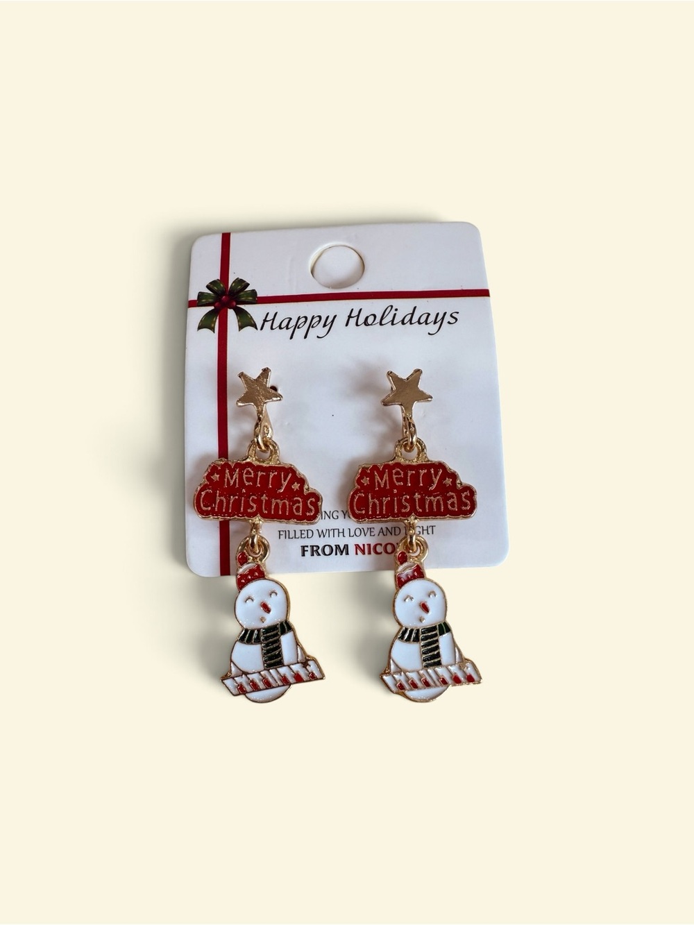 Holiday Snowman 'Merry Christmas' Drop Earrings - Red & White